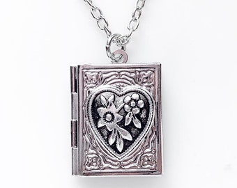 Heart Book Locket Necklace Silver Heart Locket Gift for Her Photo Locket