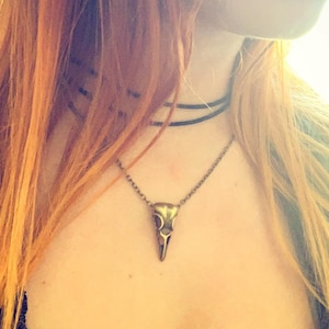 Raven Skull Necklace Bronze Crow Bird Skull Pendant