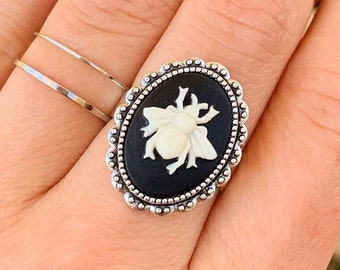 Bee Ring Cameo Ring Bee Jewelry Cottage Style Cameo Jewelry Adjustable Silver Ring