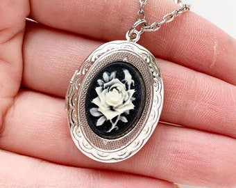 Rose Locket Cameo Necklace Silver Photo Pendant Gift for Mom Mothers Day Gifts