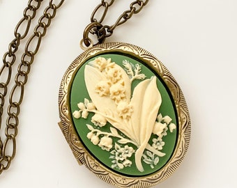 Lily of the Valley Cameo Locket Large Floral Locket