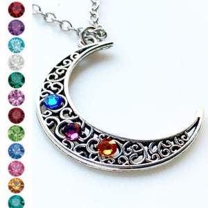 Birthstone Moon Necklace Pick 3+ Birthstones Personalized Gifts for Moms