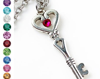 Birthstone Necklace Skeleton Key Necklace Personalized Heart Key Gift for Her