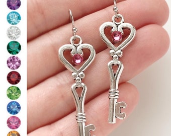 Key Birthstone Earrings Heart Key Jewelry Personalized Gifts for Women