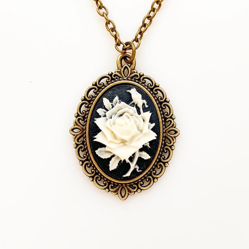 Rose Cameo Necklace Floral Pendant Victorian Vintage Flower Jewelry Gift for Women Bridesmaid