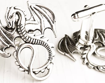 Dragon Cufflink Silver Dragon Cuff Links Nerd Geeky Wedding