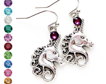 Unicorn Earrings Birthstone Earrings Silver Birthstone Jewelry Whimsical Gifts for Her