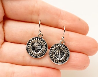 Sunflower Earrings Silver Floral Drop Earrings