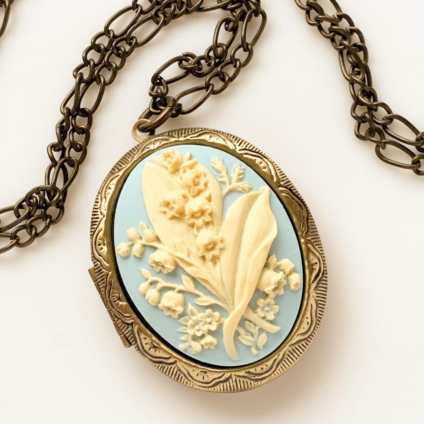 Pastel Blue Lily of the Valley Cameo Locket Necklace Large Floral Locket Pendant
