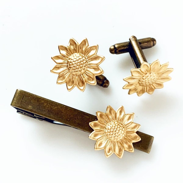 Sunflower Cufflinks Tie Clip Set Fall Autumn Wedding Sunflower Wedding Summer