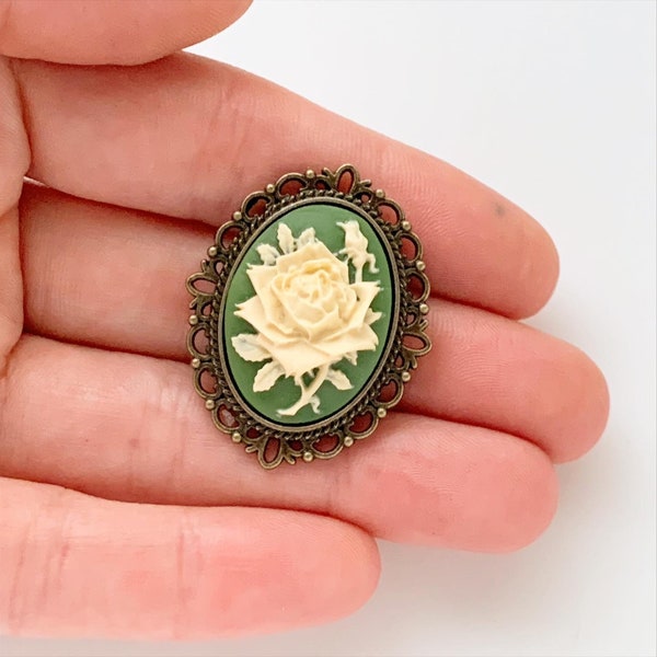 Rose Cameo Brooch Green Irish Rose Pin Cameo Jewelry