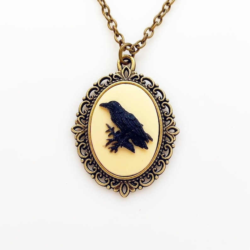 Raven Cameo Necklace Bird Jewelry Gothic Crow Necklace Edgar Allan Poe image 1