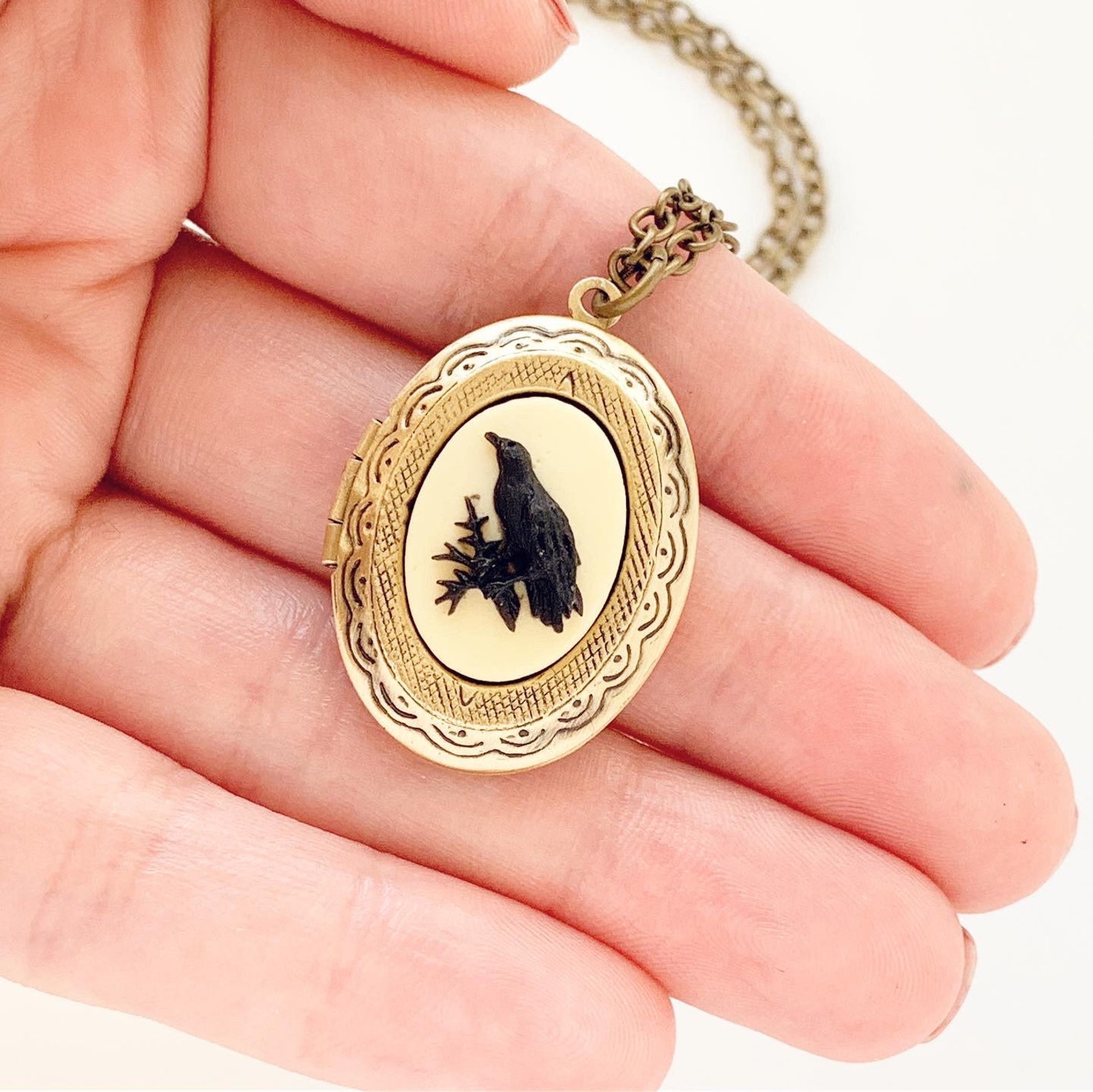 Raven Cameo Locket Necklace Crow Jewelry Etsy