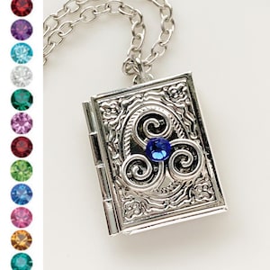 Celtic Birthstone Book Locket Necklace Custom Triskelion Locket