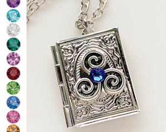 Triskelion Book Locket Necklace Birthstone Locket Celtic Necklace