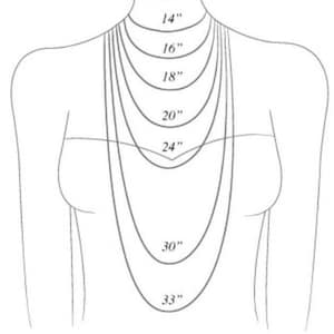 K&ouml;nnte beinhalten: Diagramm, das verschiedene Halskettenl&auml;ngen von 14 Zoll bis 33 Zoll zeigt. Die L&auml;ngen sind auf einer Zeichnung eines Halses einer Person dargestellt.