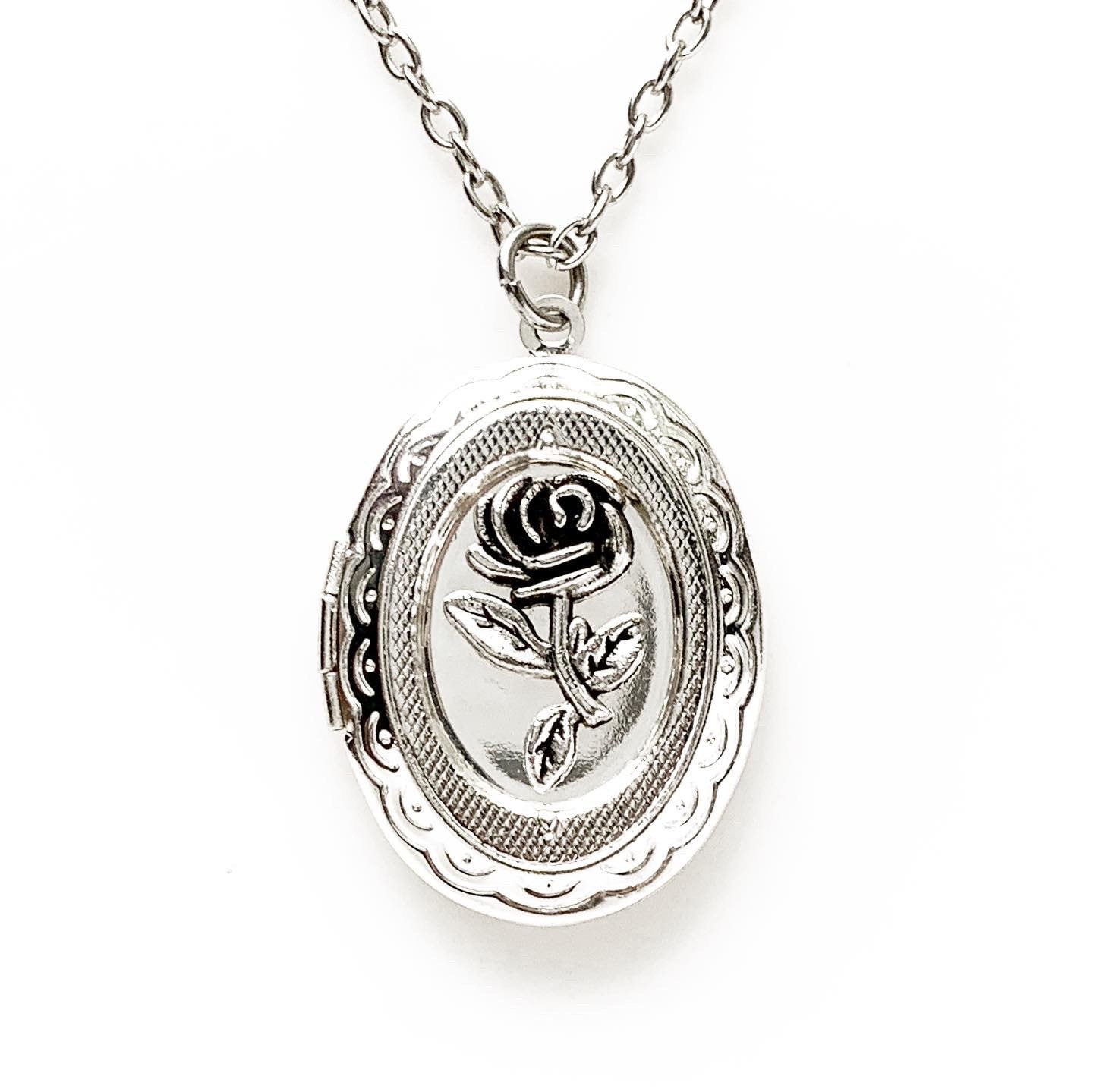 Rose Locket Necklace Silver Photo Locket Floral Jewelry Etsy