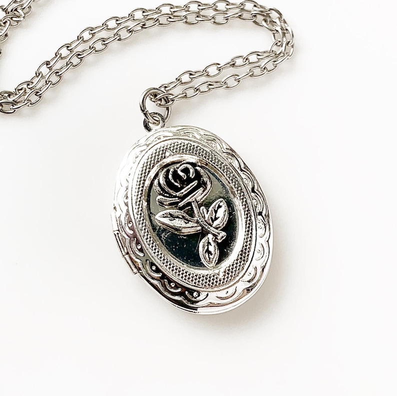 Rose Locket Necklace Silver Photo Locket Floral Jewelry Etsy