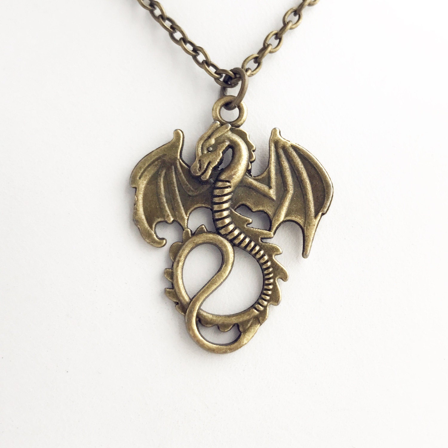 Ancient Silver Dragon Charm Necklace Winged Dragon Pendant Dragon Jewelry Mythical Creature 
