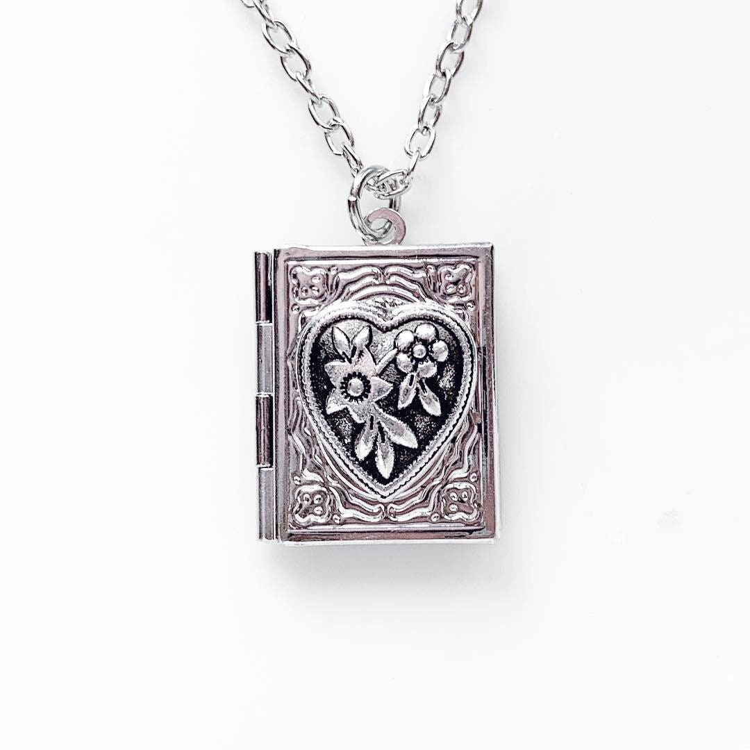 Heart Book Locket Necklace Silver Heart Locket Gift for Her Etsy