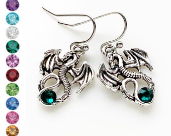 Boucles d'oreilles dragon avec pierre de naissance, bijoux dragon, cadeaux personnalisés pour amoureux des dragons