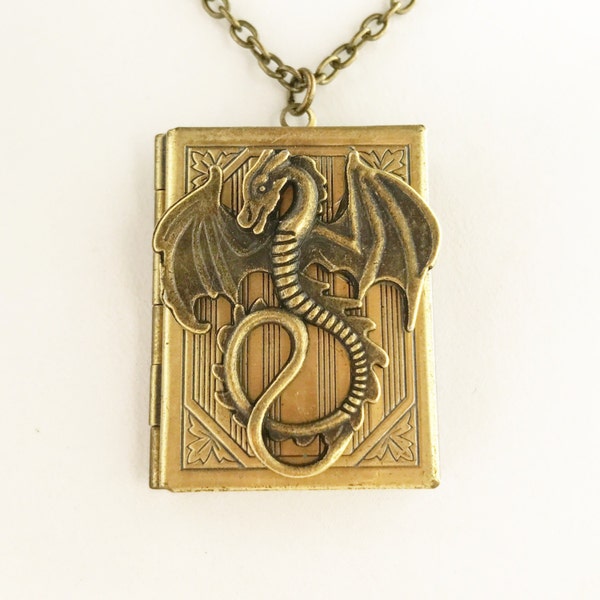 Book Locket Necklace Dragon Necklace Book Lover Gift Dragon Pendant