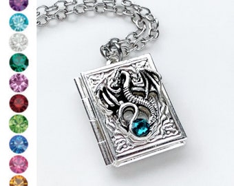 Dragon Book Locket Necklace Birthstone Locket