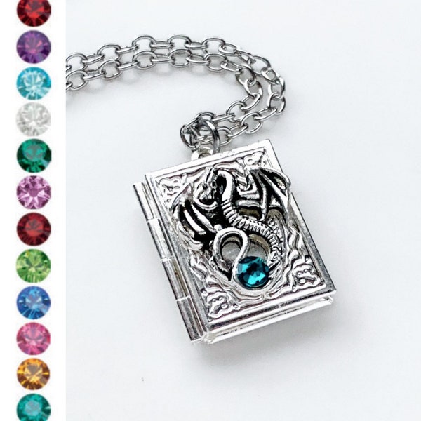 Dragon Book Locket Necklace Birthstone Locket