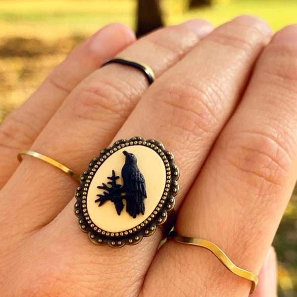 Raven Ring Gothic Cameo Ring Crow Edgar Allan Poe