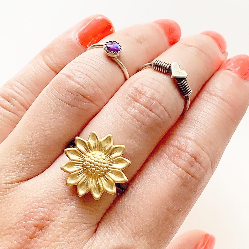 Sunflower Ring Floral Brass Ring Sunflower Jewelry Etsy