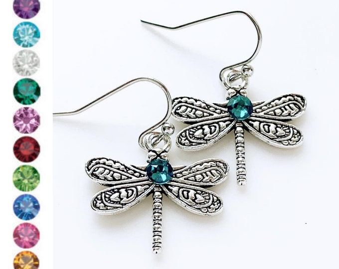 Dragonfly and Aquamarine Silver Earrings