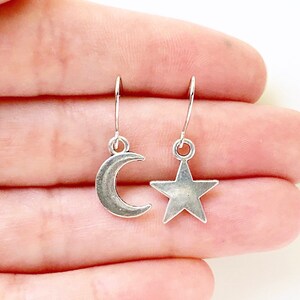 Moon and Star Mismatched Earrings Cute Celestial Silver Earrings image 2