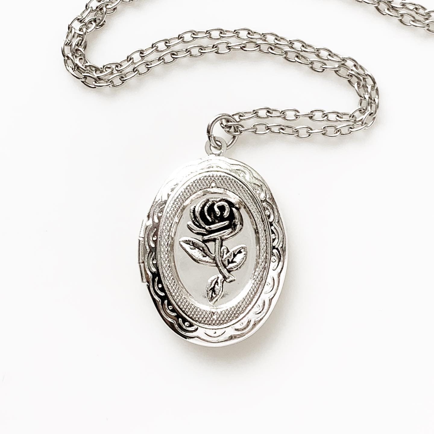 Rose Locket Necklace Silver Photo Locket Floral Jewelry Etsy
