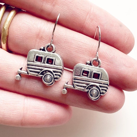 Camper Earrings Silver Travel Trailer Vintage Camper Dangly