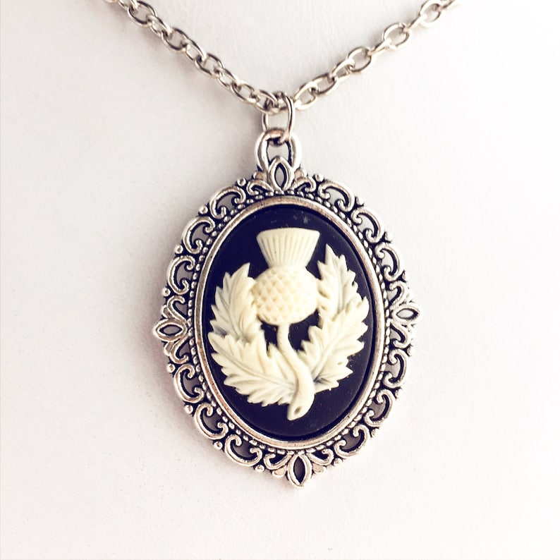 Scottish Thistle Cameo Necklace Silver Scotland Pendant Thistle Flower Wedding Necklace Highland Outfit Costume Accessories Scotland Gift