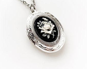 Rose Locket Cameo Necklace Silver Keepsake Photo Pendant Victorian Vintage Style