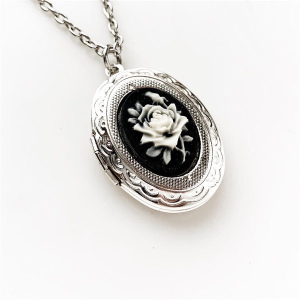 Rose Locket Cameo Necklace Silver Keepsake Photo Pendant Victorian Vintage Style