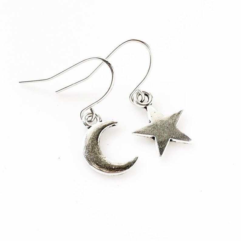Moon and Star Mismatched Earrings Cute Celestial Silver Earrings image 3