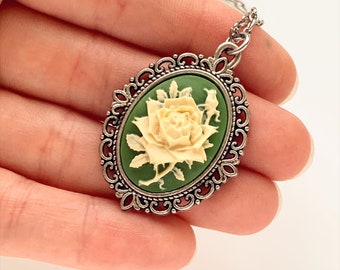 Green Rose Cameo Necklace Rose Pendant Cameo Jewelry