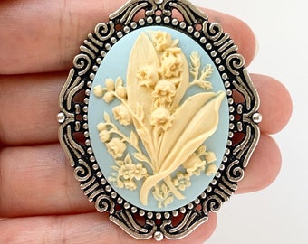 Lily of the Valley Cameo Brooch Something Blue Pin