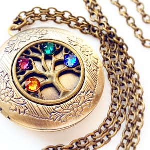 Family Tree Birthstone Locket Necklace Personalized Gift for Mom Mothers Grandma