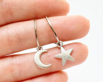 Mismatched Earrings Moon and Star Silver Hoop Earrings Moon Earrings