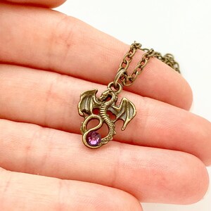 May include: A bronze dragon pendant necklace with a purple gemstone. The dragon is curled up with its wings spread out.