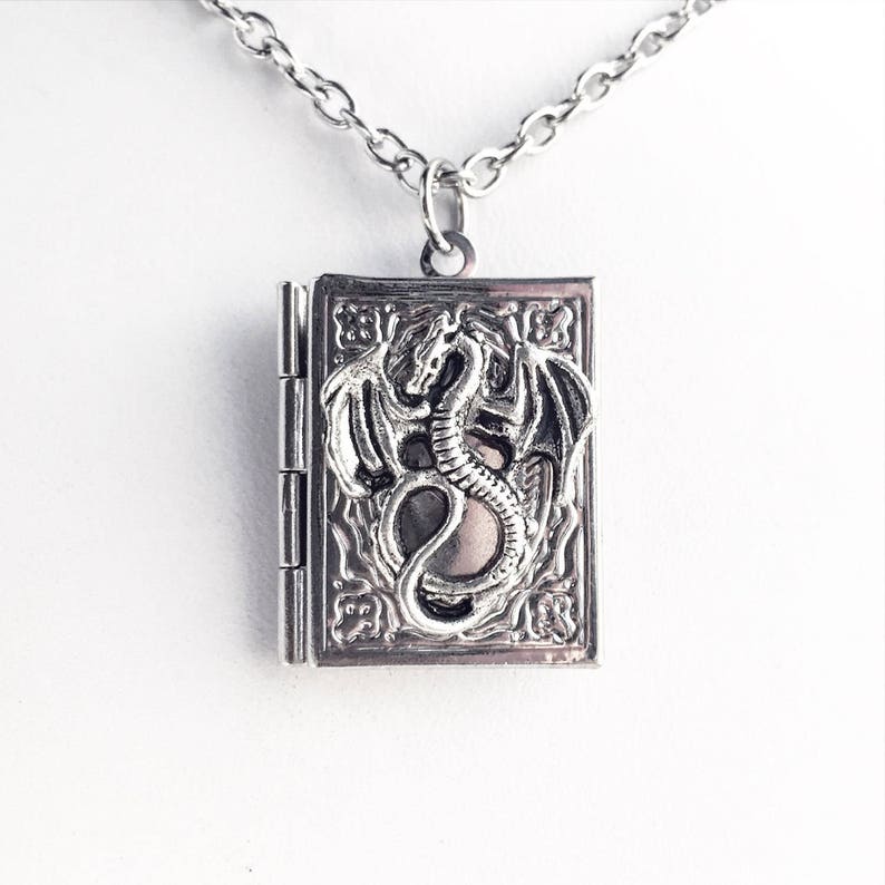 Dragon Book Locket Necklace Dragon Jewelry Fantasy Dragonlance Book Lover Gift image 1