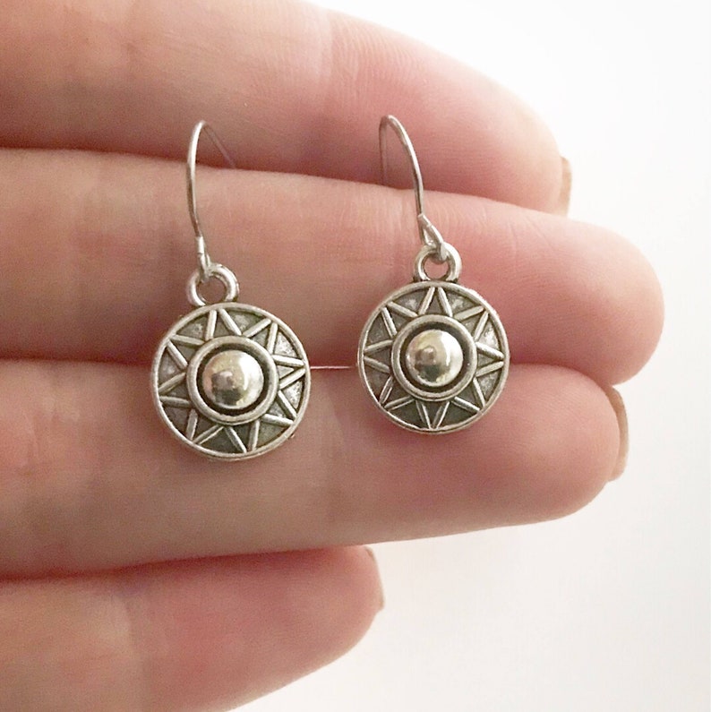 Silver Sun Earrings Dangle Circle Earrings Etsy
