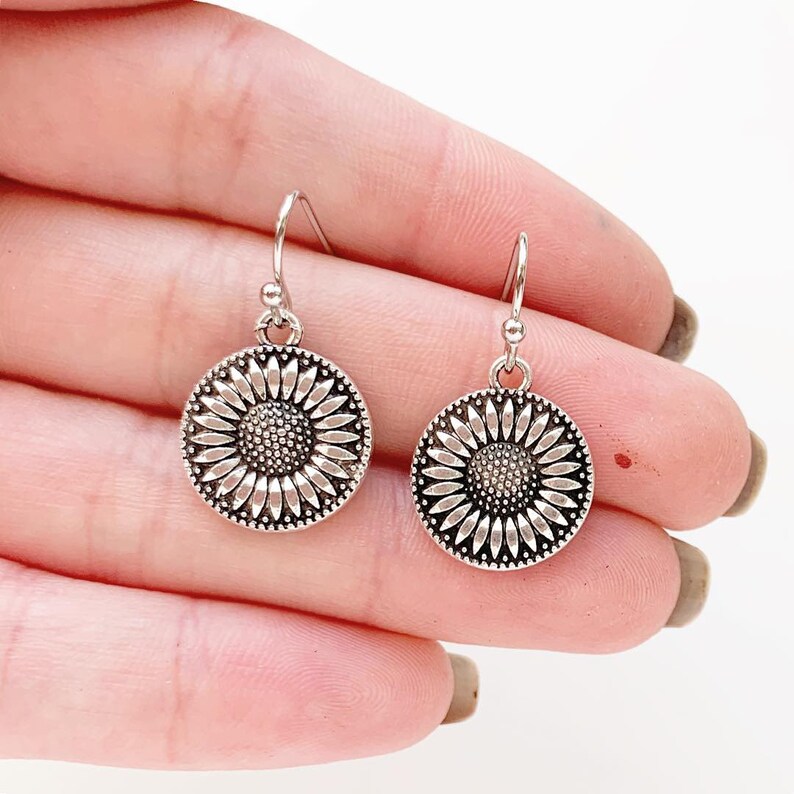 Sunflower Earrings Silver Dangly Flower Earrings Sunflowers Etsy
