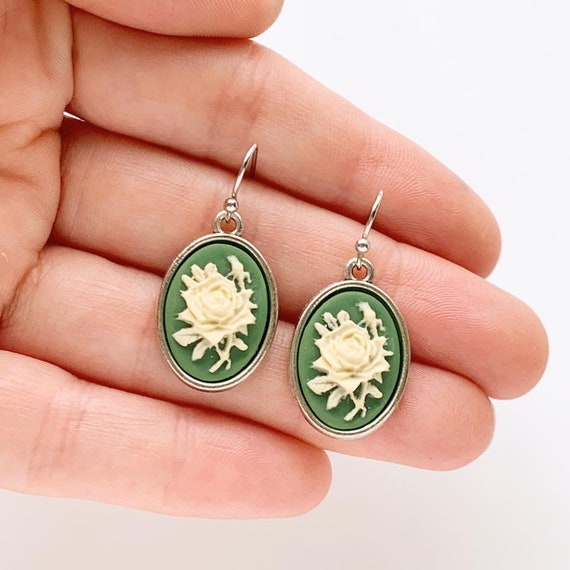 Rose Cameo Earrings Olive Green Irish 