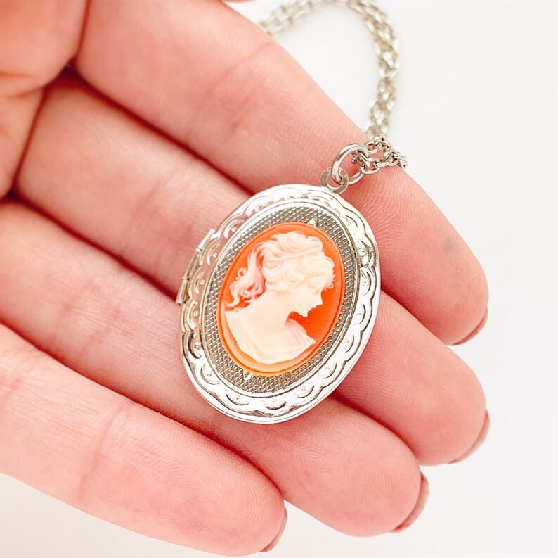 Cameo Locket Necklace Cameo Jewelry Gift for Women Silver
