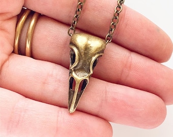 Raven Skull Necklace Bronze Crow Bird Skull Pendant