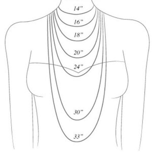 May include: A diagram showing different necklace lengths from 14 inches to 33 inches. The lengths are marked on a drawing of a person's neck.